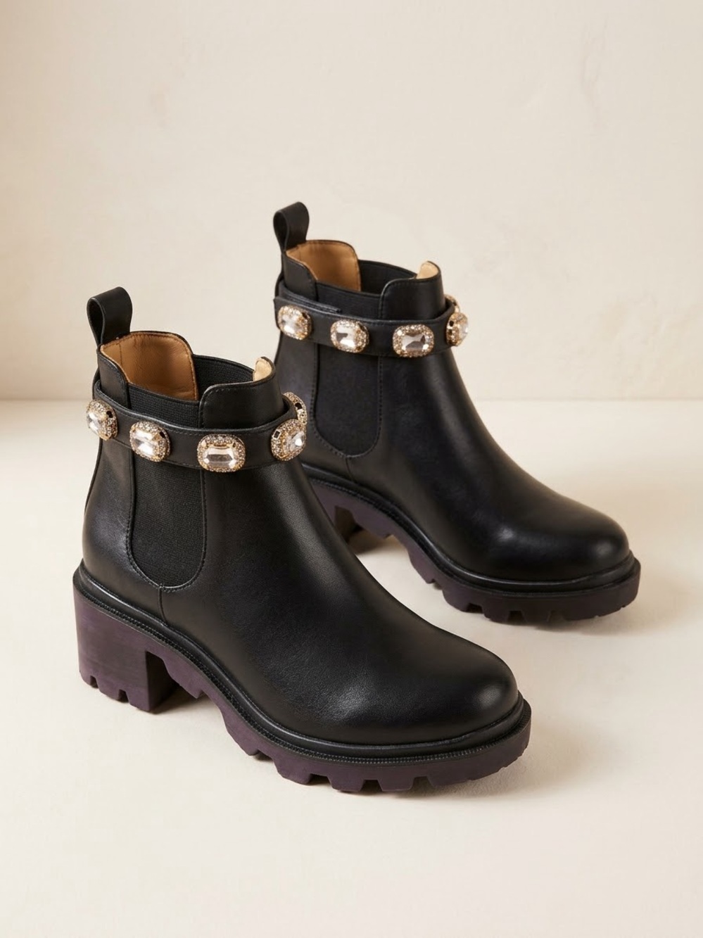 Black Jeweled Chelsea Lug Boot - Women's